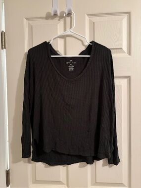 American Eagle Outfitters Dark Green Ribbed Long-Sleeve V-Neck Top
